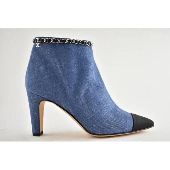 Chanel 20C Blue Denim Fabric Black Chain CC Logo Short Ankle Heel Boot Bootie 38 - Picture 2 of 12